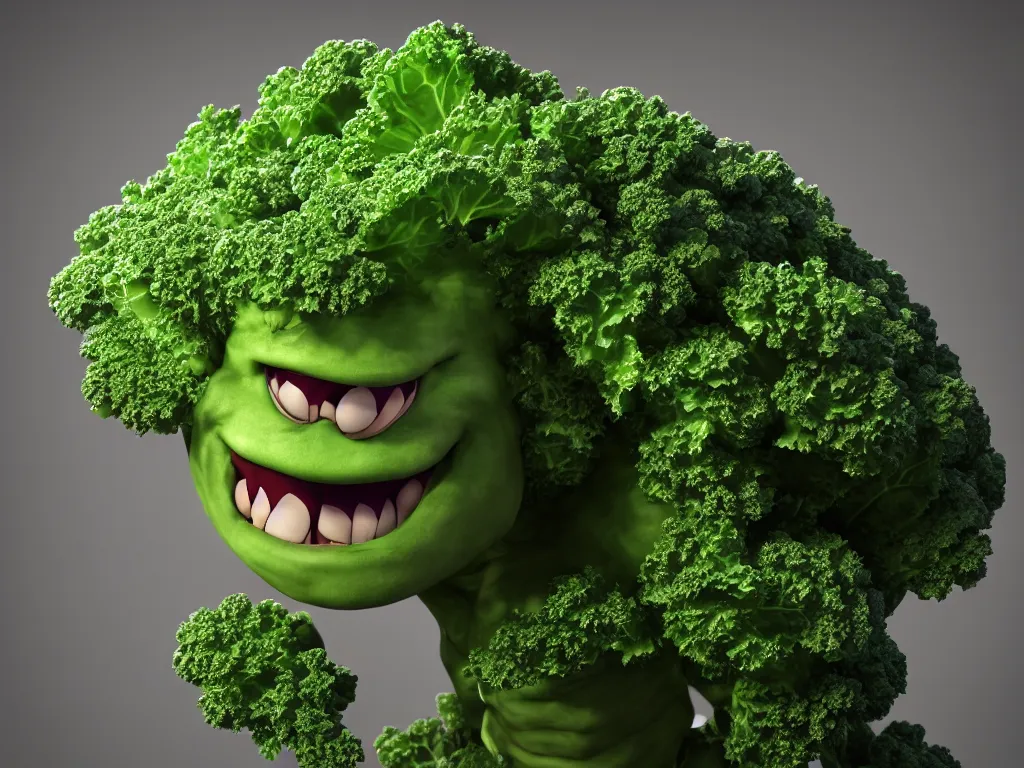 Image similar to highly detailed 3 d render of a raging mad angry kale character, hyper realistic octane render, cinematic lighting, deviantart, lowbrow, surrealism, pixar still