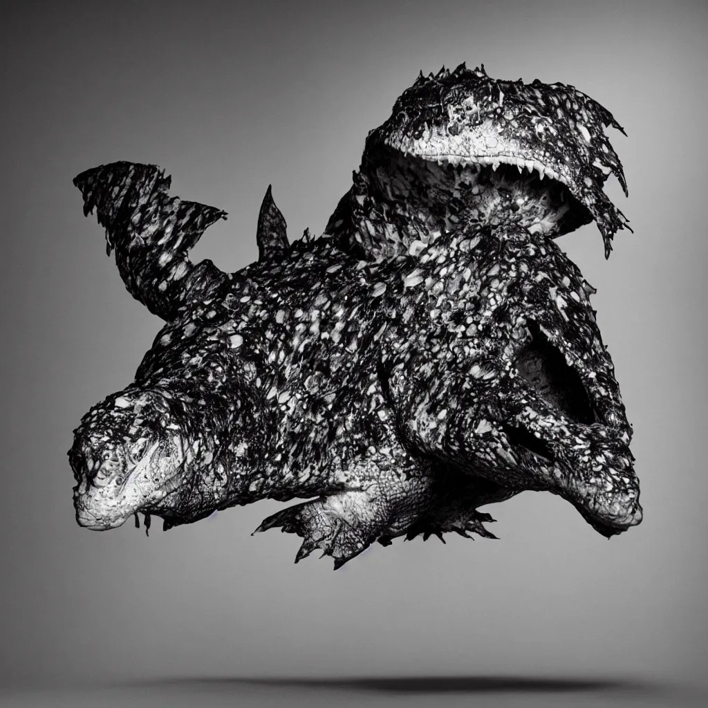 Prompt: rare classified photo, black & white, studio lighting, a standing fish crocodile, horns, real fur, real skin