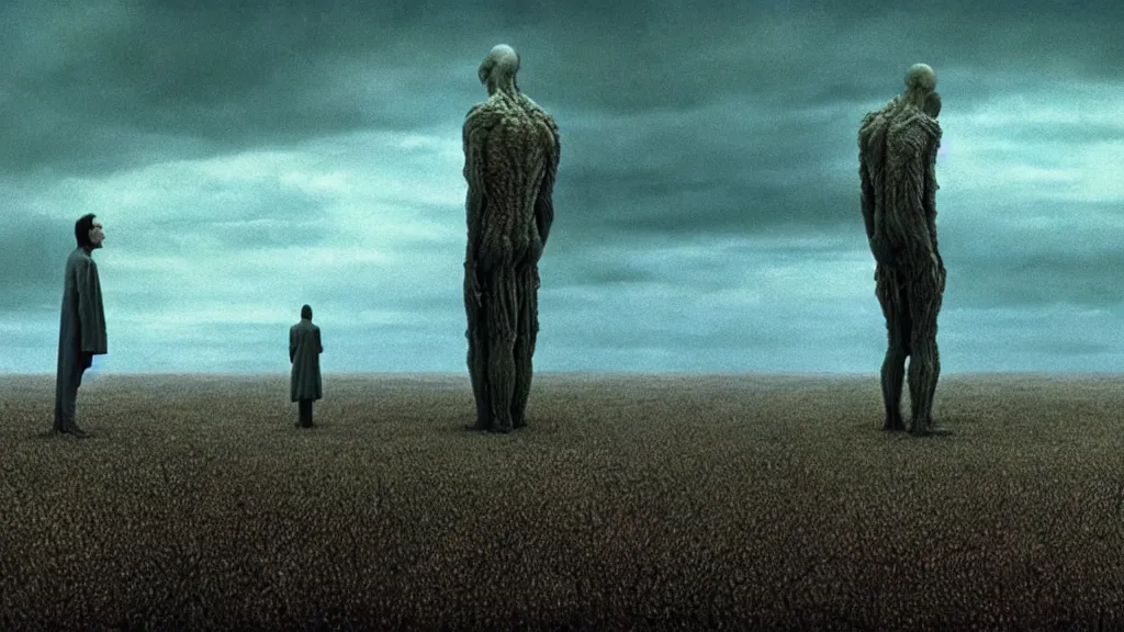 Image similar to the strange creature looks at the sky film still from the movie directed by denis villeneuve and david cronenberg with art direction by salvador dali and zdzisław beksinski, wide lens