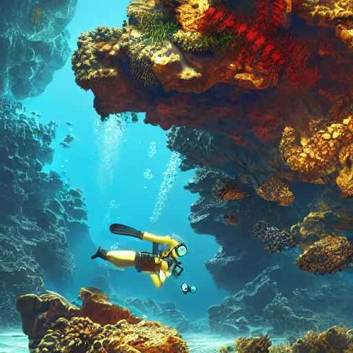 Image similar to scuba diver swim next to treasure box, beautiful dynamic lighting, cinematic, wide angle establishing shot, extremely high detail, photo realistic, cinematic lighting, post processed, concept art, artstation, matte painting, style by frederic church, raphael lacoste, unreal engine 8k