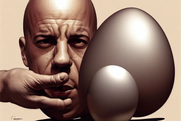 Image similar to silver egg cup, vin diesel head in egg cup, head is an egg, hyper detailed, digital art, artstation, cinematic lighting, studio quality, smooth render, by boris vallejo, craig mullins, artgerm, caravaggio