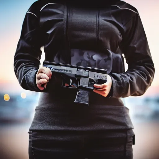 Prompt: photographic portrait of a techwear woman holding a Glock 18, closeup, on the rooftop of a futuristic city at night, sigma 85mm f/1.4, 4k, depth of field, high resolution, 4k, 8k, hd, full color