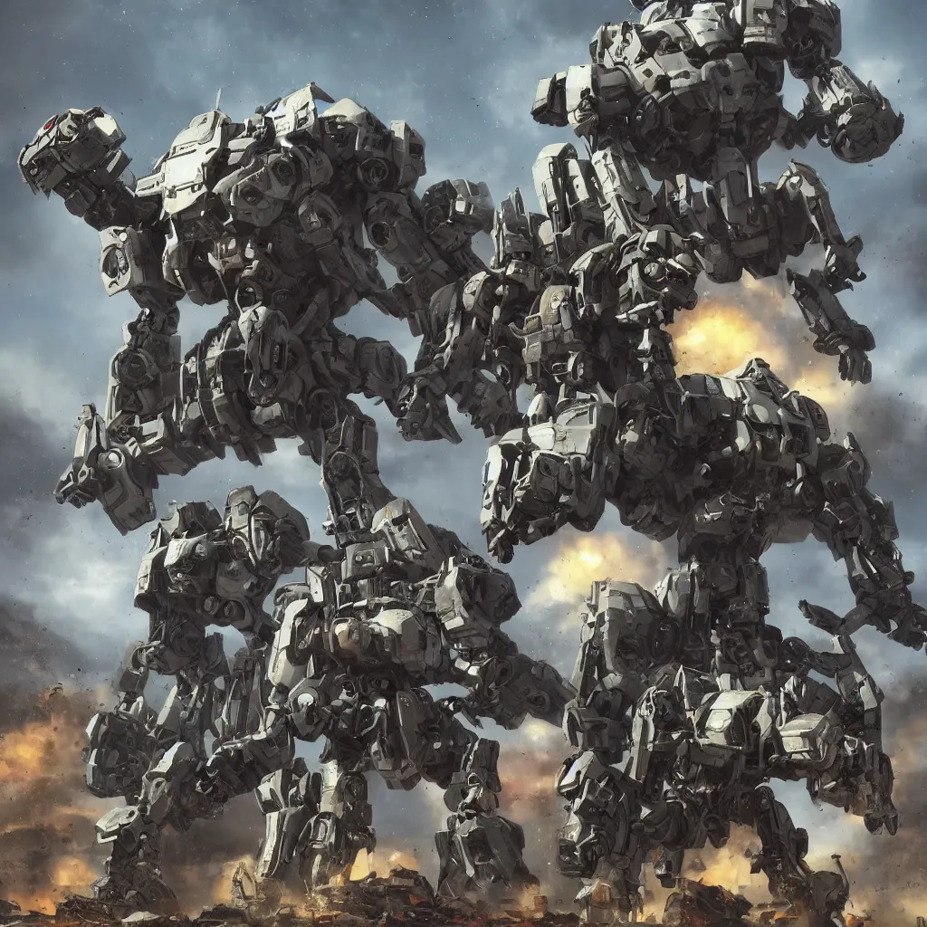 Prompt: war mechs fighting, mech battlefield, wartorn, desolate gloomy planet, science fiction