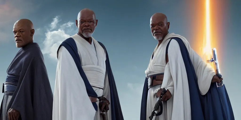 Image similar to obi - wan kenobi disney plus show, played by ewan mcgregor and old mace windu played by samuel l jackson, greet eachother, old friends, accurate ultra realistic faces, 4 k, movie still, uhd, sharp, detailed, cinematic, render, modern