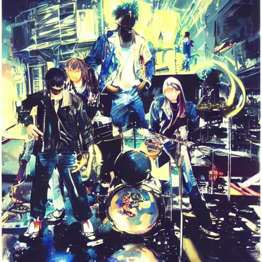 Image similar to john berkey painting of an anime metal band photo, direct flash photography at night, film grain