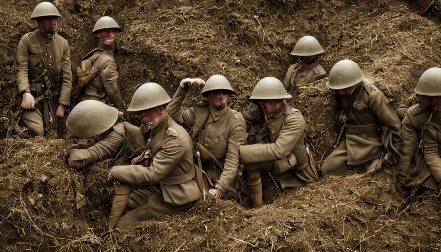 Image similar to World War 1 soldier ghosts in abandoned trenches, cinematic lighting, IMAX cinematography