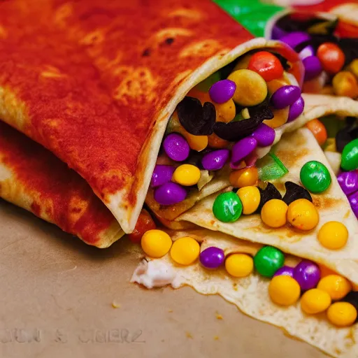 Image similar to first photos of taco bell quesadilla covered in skittles ( eos 5 ds r, iso 1 0 0, f / 8, 1 / 1 2 5, 8 4 mm, postprocessed, 4 k )