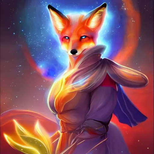 Prompt: a painted avatar portrait of an awesome cosmic powerful humanoid kitsune fox mage themed around life and death and the stars and the cosmos, in the style of dnd beyond avatar portraits, beautiful, artistic, elegant, lens flare, magical, lens flare, nature, realism, stylized, art by jeff easley