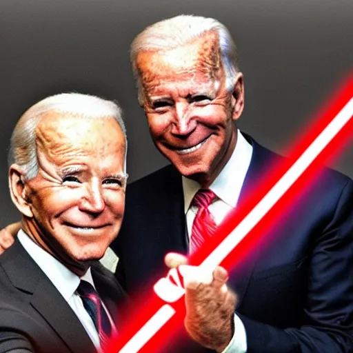 Prompt: Donald Trump with red lightsaber fighting Joe Biden who has a blue lightsaber