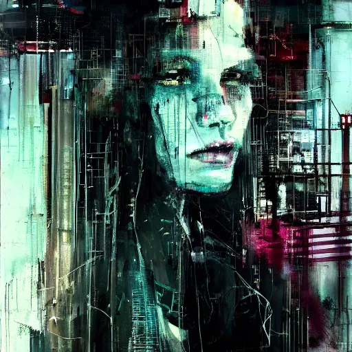 Image similar to portrait of a cyberpunk, wires, machines, in a dark future city by jeremy mann, francis bacon and agnes cecile, ink drips, paint smears, digital glitches glitchart c - 1 0