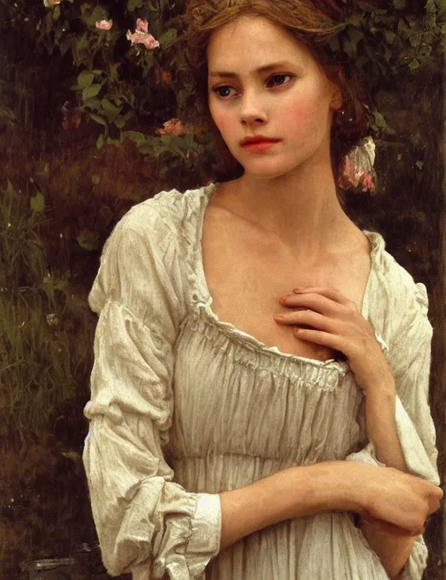 Image similar to tempting peasant girl with deep décolleté, portrait , Cinematic focus, Polaroid photo, vintage, neutral colors, soft lights, foggy, by Steve Hanks, by Serov Valentin, by lisa yuskavage, by Andrei Tarkovsky, by Terrence Malick, 8k render, detailed, oil on canvas