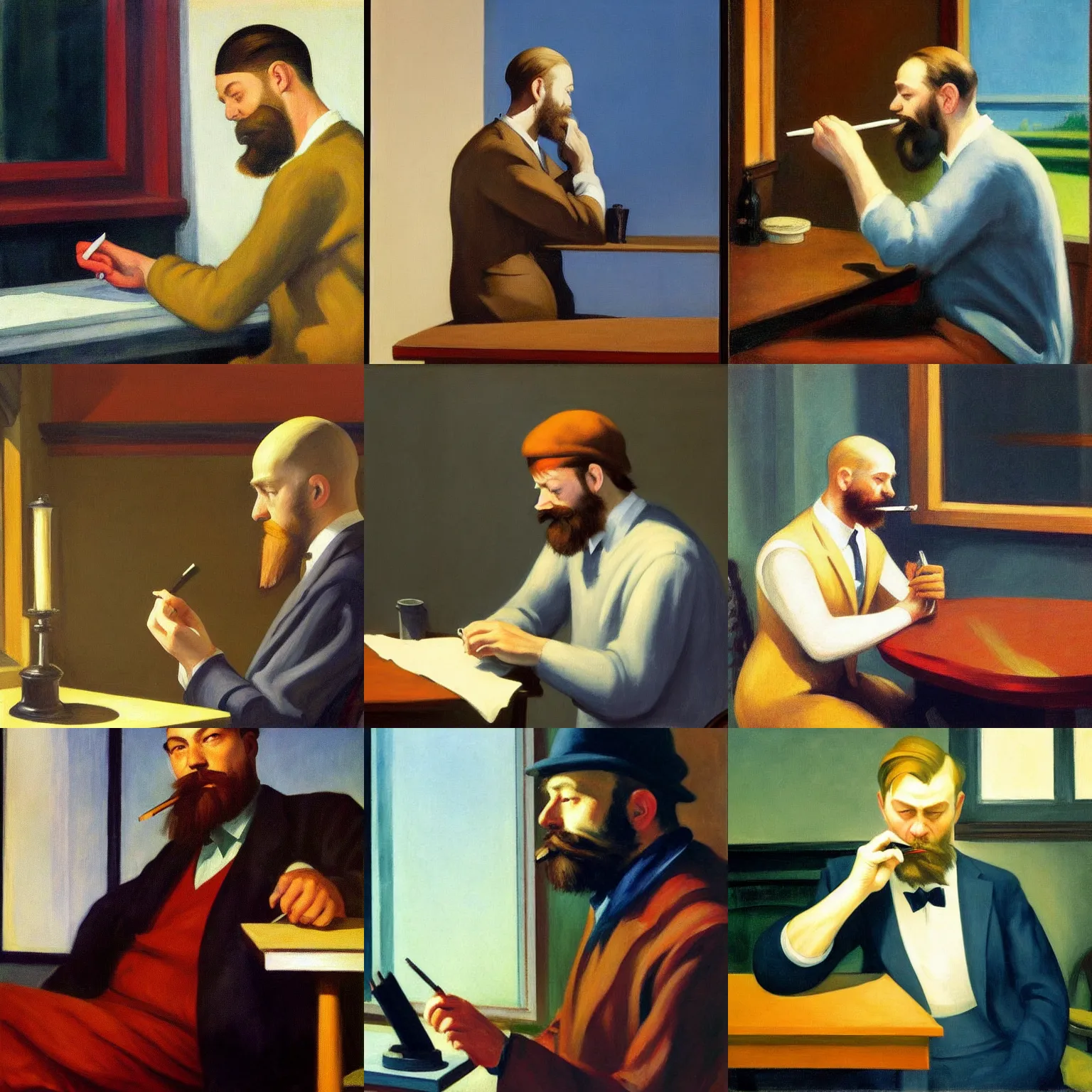 Image similar to Edward hopper painting of a writer with a beard sitting, he is smoking a cigarette, he is wearing a brown sweater, dramatic lighting, highly detailed, realistic