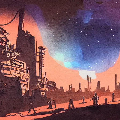 Prompt: dustpunk city on mars with an ethereal glow, gouache ink