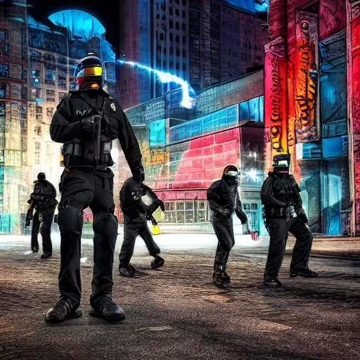 Prompt: a ice masked three polices on the streets of dystopian megalopolis, digital art, photo-realistic, dramatic colors, 4k