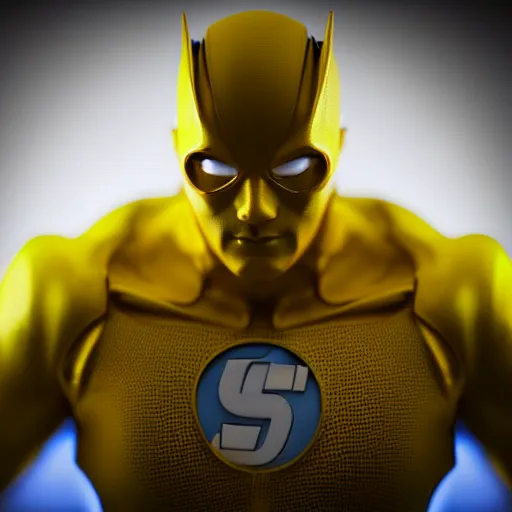 Image similar to still photo of yellow super - man, highly detailed, photorealistic portrait, bright studio setting, studio lighting, crisp quality and light reflections, unreal engine 5 quality render