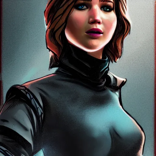 Image similar to jennifer lawrence portrait, borderlands, tales from the borderlands, the wolf among us, comic, cinematic lighting, studio quality, 8 k