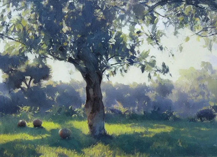 Prompt: oil painting of translucent pears on tree by greg manchess, backlit leaves by anders zorn, landscape by greg rutkowski