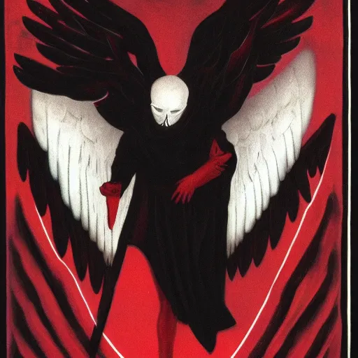 Prompt: aesthetically pleasing image of the whitewinged angel of death wearing a crimson and black robe descending on the innocent in their graves