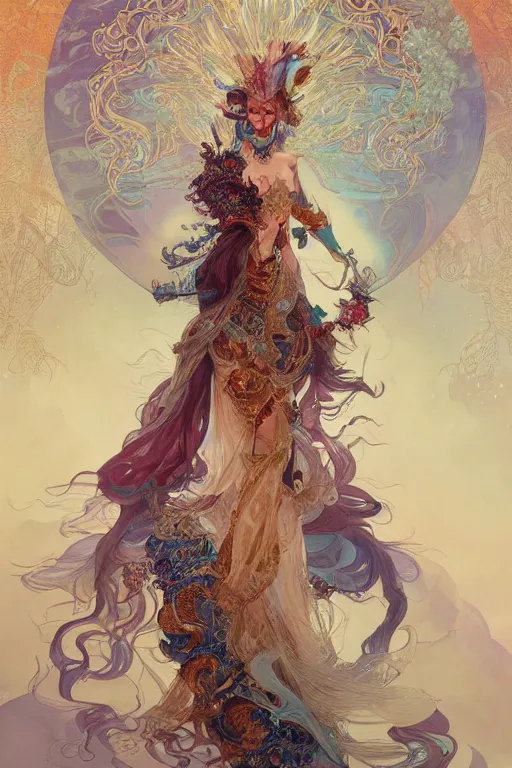 Prompt: a beautifull intricate painting of a beatifull woman portrait, wearing a feathered cloak surrounded by ornate tendrils, flying silk, internse colors, hyper detailed, artstation, concept art, by peter mohrbacher, by wlop, by ruan jia, by alphonse mucha