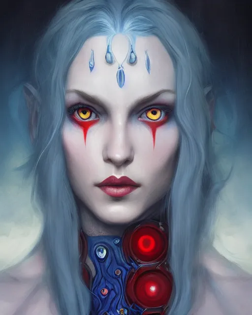 Prompt: A detailed matte oil on canvas head on symmetrical portrait of a distinguished elven woman with a blue eye and a red eye, and red and blue hair by Charlie bowater and lise deharme wlop, trending on artstationhd, dungeons and dragons art critical role