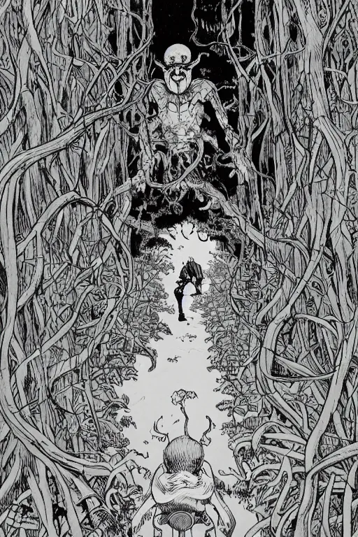 Prompt: young boy entering a huge mysterious and ominious forest with a monster in the distance, path, mushrooms, very graphic illustration by jean giraud and mike mignola, drawing, yoshitaka amano vibe, clean line, colorful comics style, dynamic light