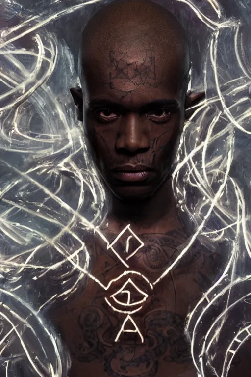 Image similar to A portrait of a dark skinned monk covered in runic tattoos, he is surrounded by glowing floating magical runes, digital art by Ruan Jia , Moebious, Craig Mullin, and Nick Knight