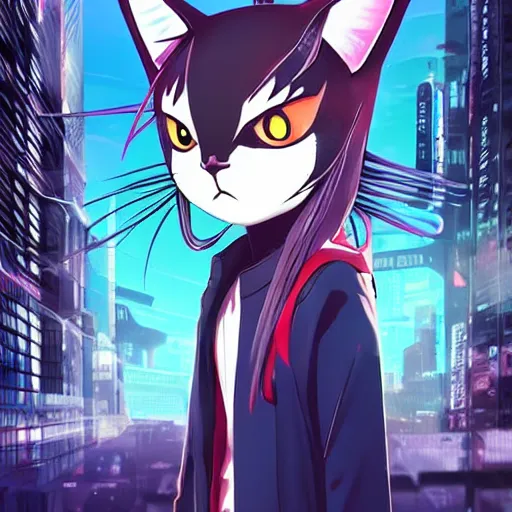 Image similar to a cyberpunk anime cat, 2 d illustration