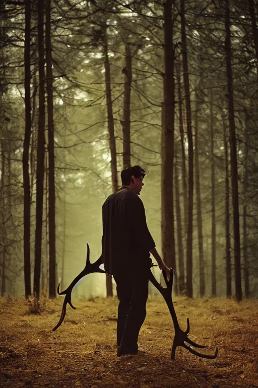 Image similar to kodak portra 4 0 0 photograph of a guy with deer antlers standing in a dark fantasy forest, back view, lens flare, moody lighting, moody vibe, telephoto, 9 0 s vibe, blurry background, grain, tranquil, calm, faded!,