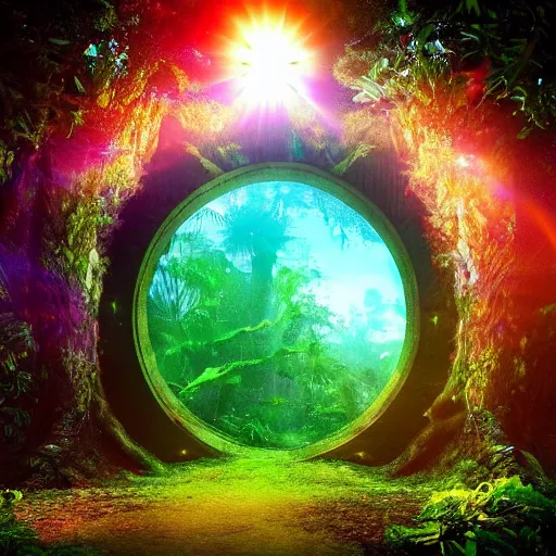 Prompt: active stargate water portal to another dimension inside a beautiful tree in a densely overgrown jungle, fantasy, dreamlike sunrise volumetric lighting, ultra realistic, atmospheric, stopped in time, epic
