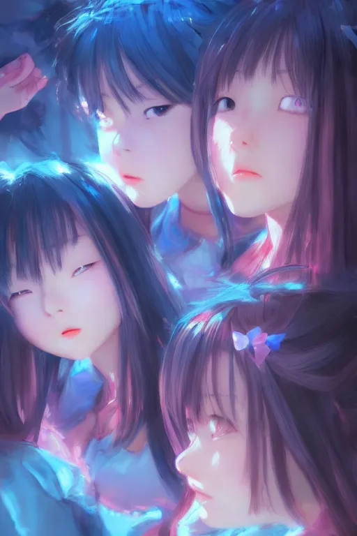 Prompt: 3d infrared octane render concept art by Mo Xiang Tong Xiu, by Igarashi Daisuke, by makoto shinkai, cute beauty cozy portrait anime schoolgirls under dark pink and blue tones, mirror room. light rays. deep water bellow. pretty realistic face. dramatic light, trending on artstation, oil painting brush