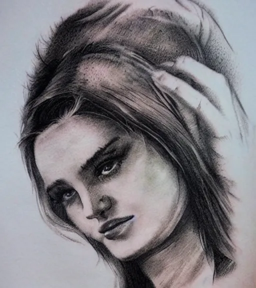 Image similar to realism tattoo sketch of a beautiful woman's face double exposure effect with amazing mountain scenery, in the style of matteo pasqualin, amazing detail, sharp, faded