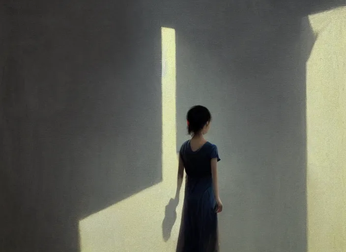 Prompt: famous asian actress girl dropping the shadow of her desires on the wall of empty house with a light from a window creating dreams, style of James Jean, Edward Hopper, Francis Bacon, colors of Mark Rothko, Frank Auerbach, trending on artstation, Greg Rutkowski, dark atmosphere