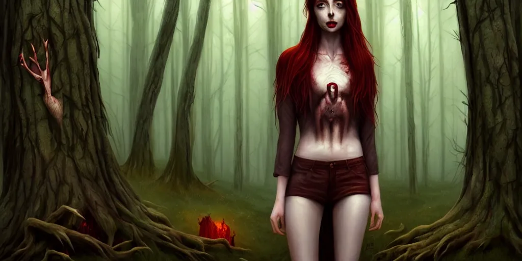 Image similar to surrounded by trees, realistic character concept, gorgeous Kacey Rohl, red hair, small freckles, symmetrical face, symmetrical eyes, full body, covered in blood, dark forest, tall Wendigo creature in background, trees, shorter neck, cinematic lighting, Joshua Middleton and artgerm, fear anxiety terror