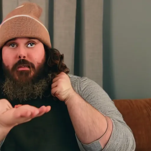 Image similar to chubby Jesus Christ wearing a brown beanie doing a livestream on YouTube