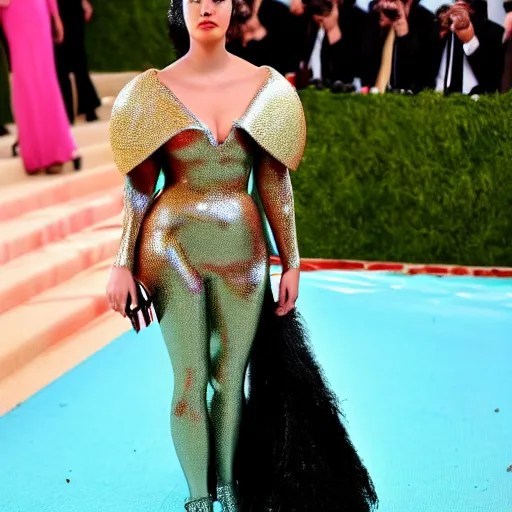 Image similar to A anthro metal fork at the Met Gala, female with a fork for a head