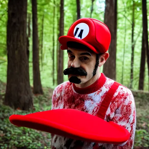 Image similar to italian man with a mustache dressed as mario wearing a solid red mario hat drooling, eyes rolled back, looking at red mushroom with white spots, in a forest 50mm lens, f1.8.