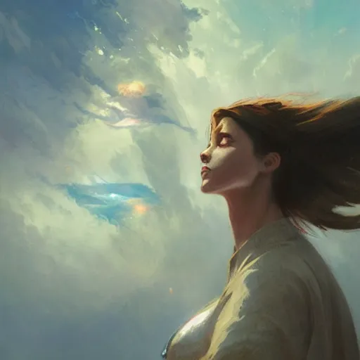 Image similar to ifirst person perspective in a city looking up at the sky to see god's female face looking down at me, fantasy illustration, by greg rutkowski