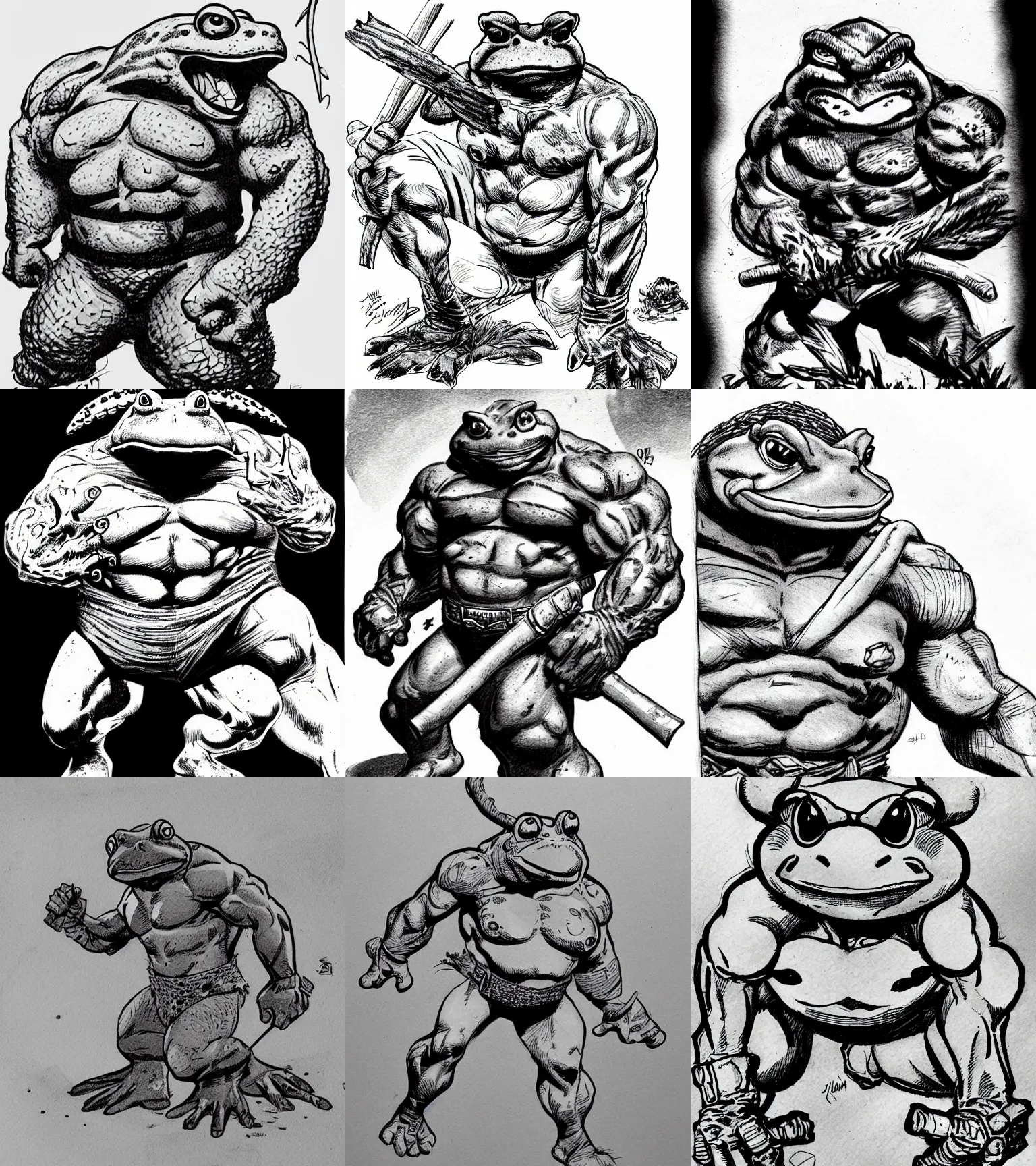 Prompt: toad animal!!! jim lee!!! medium shot!! flat grayscale ink sketch by jim lee close up in the style of jim lee, barbarian hunter hulk toad animal looks at the camera by jim lee