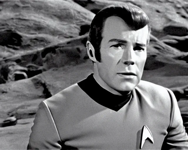 Image similar to film still from star trek, james kirk on an alien planet, 1 9 6 8