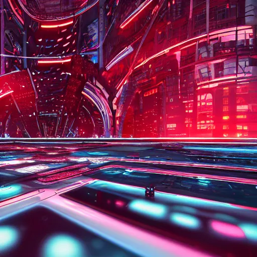 Image similar to photo of a futuristic city in a dystopian future made of electronic components and looks like a giant pcb board. Very detailed 8k. Unreal engine 5 render with nanite, global illumination and path tracing. Cinematic post processing. Emphasize on the colors red and black.