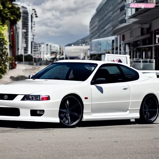 Image similar to white Nissan Silvia S15 made in 2020 modern Silvia S15 designed in 2020 parked on street wide angle photo 45mm mid distance