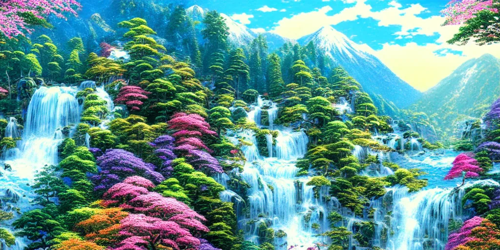 Prompt: Breath-taking beautiful trees, mountains, and waterfall, An aesthetically pleasing, dynamic, energetic, lively, complex, intricate, detailed, well-designed digital art of trees, mountains, clouds, ripples, waves, waterfall, light and shadow, overlaid with aizome patterns, Shin-hanga by Thomas Kinkade and Bob Ross, traditional Japanese colors, superior quality, masterpiece, featured, trending, award winning, HDR, HD, UHD, 4K, 8K, anamorphic widescreen