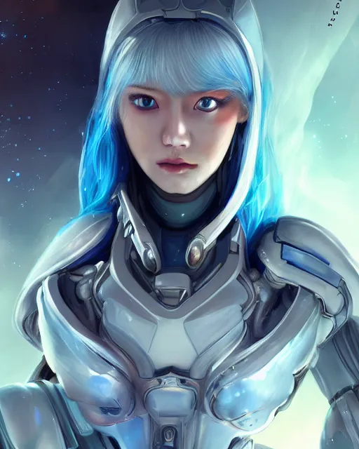 Image similar to perfect android girl on a mothership, warframe armor, beautiful face, scifi, futuristic, galaxy, nebula, bae suzy, dreamy, long white hair, blue cyborg eyes, sharp focus, cinematic lighting, highly detailed, artstation, divine, by gauthier leblanc, kazuya takahashi, huifeng huang