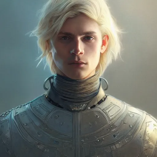 Image similar to portrait painting of a young melancholic man with a soft face and short light blonde hair wearing armor, ultra realistic, concept art, intricate details, eerie, highly detailed, photorealistic, octane render, 8 k, unreal engine. art by artgerm and greg rutkowski and charlie bowater and magali villeneuve and alphonse mucha