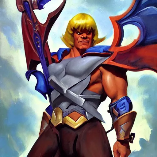 Image similar to greg manchess portrait painting of astonishing he - man the master of the universe as overwatch character, medium shot, asymmetrical, profile picture, organic painting, sunny day, matte painting, bold shapes, hard edges, street art, trending on artstation, by huang guangjian, gil elvgren, ruan jia, greg rutkowski, gaston bussiere