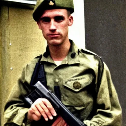 Image similar to jordan peterson holding an ak - 4 7 in military uniform, military photo, vietnam war