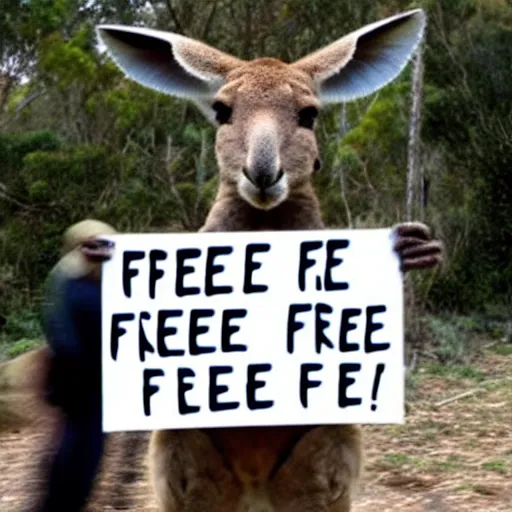 Image similar to < photo hd legible > a kangaroo holding a sign that says'free ross'< / photo >