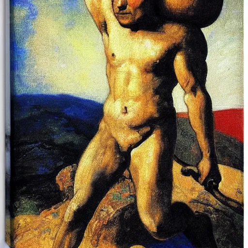 Image similar to a painting of benjamin netanyahu as sisyphus, carrying boulder on shoulders, by franz stuck