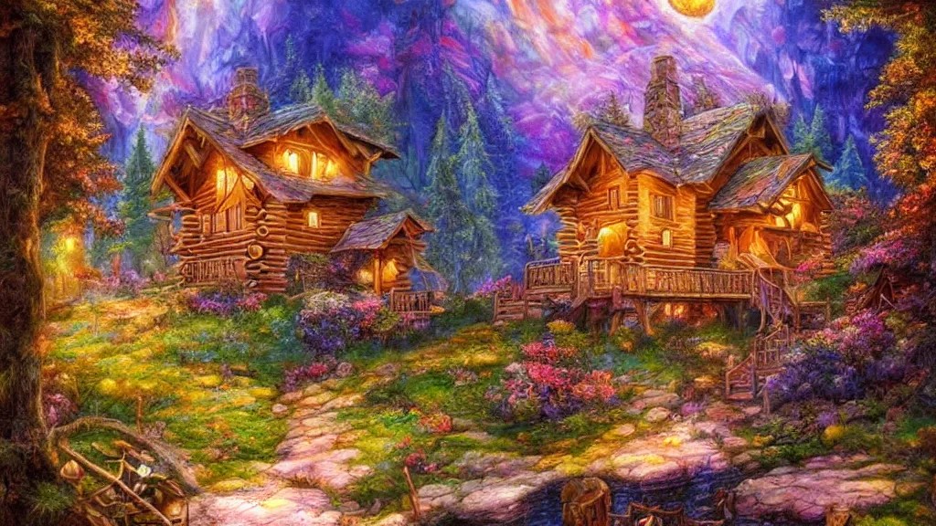 Prompt: Beautiful cabin in the woods” Beautiful Dreamscape, Digital art, concept art, detailed, lovely colors, Art station,3-D 4K, beautiful background, matte painting, Josephine wall,