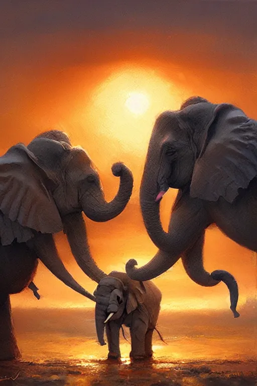 Prompt: spiritual twin flame elephant art, sunset hue, highly detailed, oil painting hue, by craig mullins